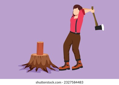 Graphic flat design drawing beauty woman woodcutter or lumberjack chopping wood with axe. Wearing shirt, jeans and boots. Cute female with ax in her hands cuts tree. Cartoon style vector illustration