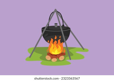 Graphic flat design drawing black camping pot over a bonfire. Hot food cooking on campfire, brown cauldron kettle over fire with wood. Delicious fish soup for dinner. Cartoon style vector illustration