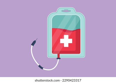 Graphic flat design drawing blood bag logo, label. IV bag in trendy flat style. Infuse icon. Blood bag for emergency rescue. Medicine, clinic and health care symbol. Cartoon style vector illustration