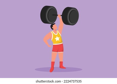 Graphic flat design drawing bodybuilder raised barbell or dumbbell with only one hand. Stunt performers who really amazed audience. Circus show event entertainment. Cartoon style vector illustration