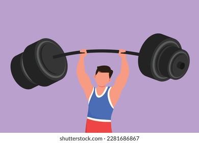Diseño plano gráfico dibujar el modelo de fitness del constructor de cuerpos con barbell. Insignia del logotipo de fitness con hombre muscular, gimnasia, construcción corporal. Deportista atlético levantando timbre. Ilustración vectorial de estilo de dibujos animados