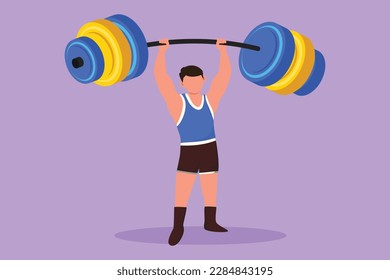 Graphic flat design drawing bodybuilder fitness model with barbell. Fitness logo badge with muscle man, gymnastic, body build. Athletic sportsman lifting up dumbbell. Cartoon style vector illustration