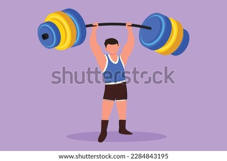 Graphic flat design drawing bodybuilder fitness model with barbell. Fitness logo badge with muscle man, gymnastic, body build. Athletic sportsman lifting up dumbbell. Cartoon style vector illustration