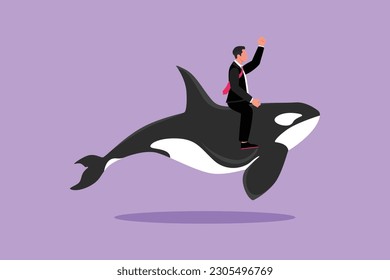 Graphic flat design drawing brave businessman riding huge dangerous orca. Professional entrepreneur character fight with predator. Successful business man metaphor. Cartoon style vector illustration