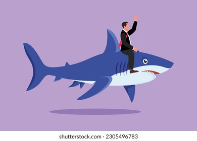 Graphic flat design drawing brave businessman riding huge dangerous shark. Professional entrepreneur character fight with predator. Business metaphor and competition. Cartoon style vector illustration