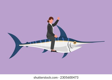Diseño plano gráfico que dibuja a una valiente mujer de negocios montando un enorme y peligroso pez marlín. Emprendedora profesional pelea de personajes femeninos con depredador. Metáfora comercial. Ilustración vectorial de estilo de dibujos animados