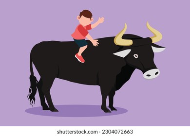 Diseño gráfico plano dibujando valentía a un niñito montando toro en el prado del pueblo. Niño lindo sentado en el toro trasero con silla en el rancho de vaqueros. Niños aprendiendo a montar en toro. Ilustración vectorial de estilo de dibujos animados