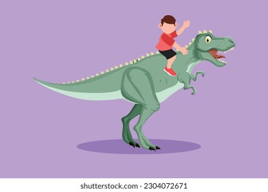 Graphic flat design drawing bravery little boy caveman riding t-rex tyrannosaurus. Cheerful kids sitting on back of dinosaur. Stone age children. Ancient human life. Cartoon style vector illustration