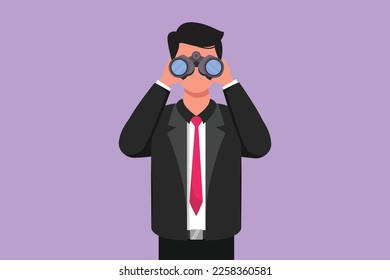 Graphic flat design drawing businessman looking through binoculars searching for job. Find all opportunities in the world of suitable jobs. Success business metaphor. Cartoon style vector illustration