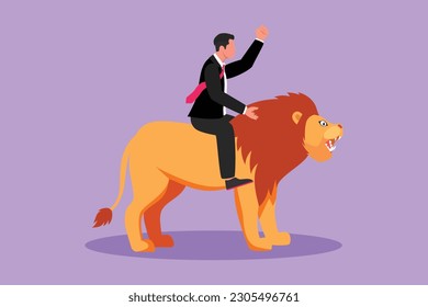 Graphic flat design drawing businessman riding lion symbol of success. Business metaphor concept, looking at goal, achievement, leadership. Professional entrepreneur. Cartoon style vector illustration