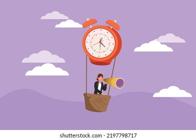 Diseño plano gráfico que atrae a una mujer de negocios, gerente o empleada a montar en globo aerostático reloj de alarma y mirar hacia adelante con el telescopio. Viajes de negocios de gestión del tiempo. Ilustración vectorial de estilo de dibujos animados