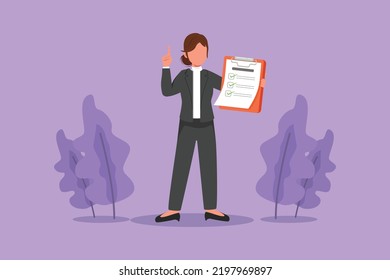Graphic flat design drawing of businesswoman standing, holding clipboard and pointing index finger up. Person keeping file pad in hand. Success business idea concept. Cartoon style vector illustration