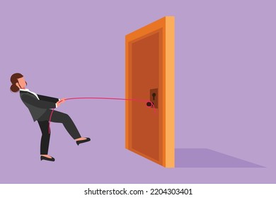 Graphic flat design drawing of businesswoman pulling door with rope, metaphor to facing huge problem. Business struggles in market competition. Strength for success. Cartoon style vector illustration