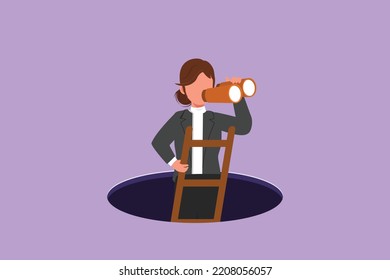 Graphic flat design drawing of businesswoman climbs out of hole by ladder and using binocular. Business vision, idea, solution. Looking for opportunity and challenge. Cartoon style vector illustration