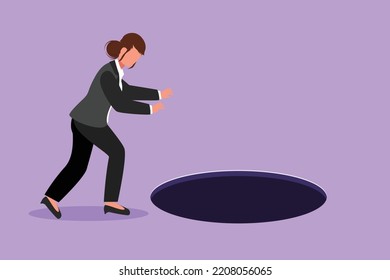 Graphic flat design drawing businesswoman looking at black hole. Manager wondering and looking at big hole, business concept in opportunity, exploration or challenge. Cartoon style vector illustration