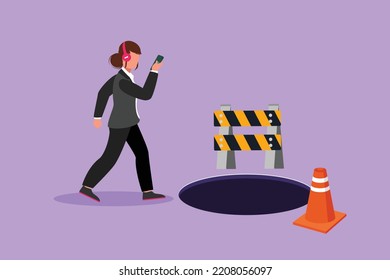 Graphic flat design drawing businesswoman listen music with headphone, walking on street, watching smartphone, did not see open manhole. Woman walks to business trap. Cartoon style vector illustration