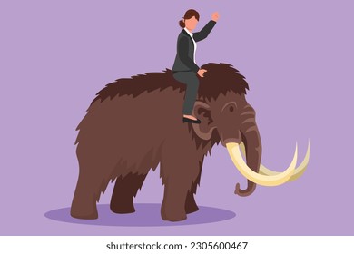 Graphic flat design drawing of businesswoman riding huge dangerous mammoth. Professional entrepreneur female character. Successful business woman. Business metaphor. Cartoon style vector illustration