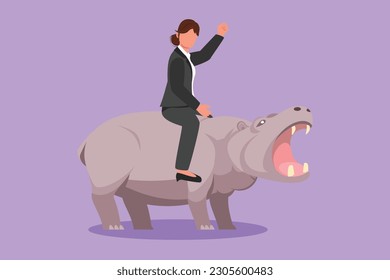 Graphic flat design drawing businesswoman riding hippopotamus symbol of success. Business metaphor, looking goal, achievement, leadership. Professional entrepreneur. Cartoon style vector illustration