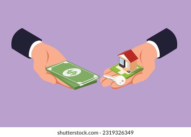 Graphic flat design drawing buying house. Agent of real estate holding in hand house, key. Buyer, customer gives cash money. Deal sale and purchase of real, concept. Cartoon style vector illustration