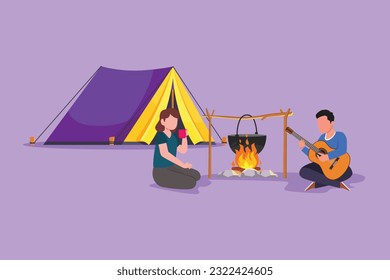 Graphic flat design drawing camping romantic couple around campfire tents. Man playing guitar and woman drinking hot tea getting warm near bonfire sitting on ground. Cartoon style vector illustration