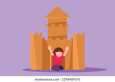 Graphic flat design drawing cheerful little girl playing in castle made of cardboard boxes. Happy little medieval princess in castle box. Creative kid playing castle. Cartoon style vector illustration