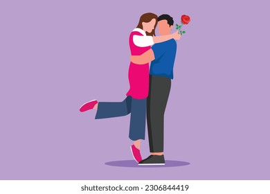 Graphic flat design drawing cheerful boy giving rose flower to girl. Man in love giving flowers. Happy couple getting ready for wedding. Engagement and love relation. Cartoon style vector illustration