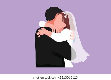 Graphic flat design drawing cheerful married couple hugging with smile. Happy man in formal suit hugging and embracing cute woman with dress celebrate wedding party. Cartoon style vector illustration