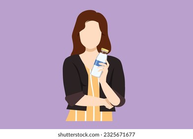 Graphic flat design drawing cheerful woman holds bottle of fresh almond milk shows healthy vegetarian product smiles happily. Food nutrition and healthy fresh milk. Cartoon style vector illustration