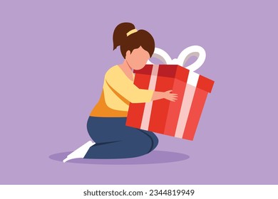 Dibujo gráfico plano de una alegre niñita sentada y abrazando una gran caja de regalo con un arco de cinta envuelta frente a ella en brazos. Un niño pequeño acepta un regalo de cumpleaños. Ilustración vectorial de estilo de dibujos animados