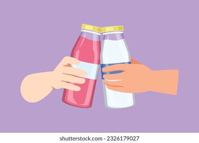 Graphic flat design drawing cheers and toast with fresh milk. Toast with two hand with bottle of dairy milk. Man and woman enjoying drink together. Healthy lifestyle. Cartoon style vector illustration