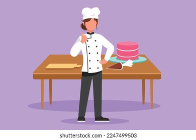 Grafischer, flacher Gestaltungskoch, der mit Daumen steht, Geste und eine einheitliche Küche bereitet Zutaten zu, um die besten Gerichte zu kochen. Schöner Chefkoch mit Tisch und Kuchen. Cartoon-Stil, Vektorgrafik
