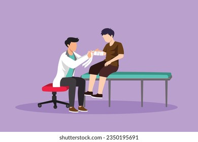 Graphic flat design drawing children doctor works with little boy. Orthopedist bandages broken kids hand. Active doctor treating child in medical office or hospital. Cartoon style vector illustration