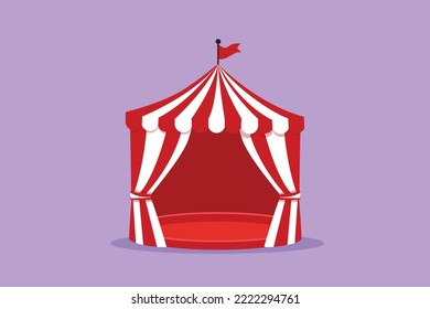 Graphic flat design drawing circus tent shaped like pentagon with stripes and flag on top. Where clowns, magicians, animals perform. Success business entertainment. Cartoon style vector illustration