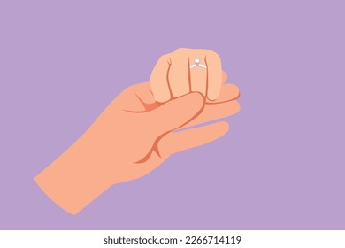 Graphic flat design drawing close up couple hands man holding happy fiance hand after wedding proposal. Marriage celebration ceremony. Happy man woman on wedding day. Cartoon style vector illustration