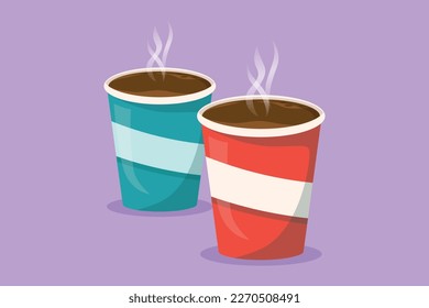 Graphic flat design drawing coffee paper or cardboard cup with white stripe. Disposable takeout cafe package. Takeaway craft pack. For restaurant or cafe drink menu. Cartoon style vector illustration