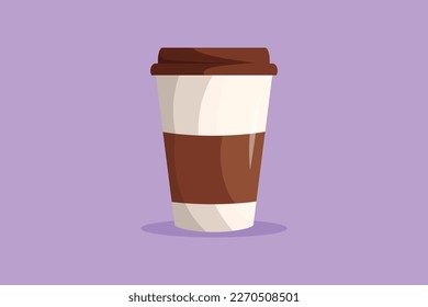 Graphic flat design drawing of coffee paper cup template with cardboard holder and plastic lid. Disposable takeout cafe package. Takeaway craft pack. For logo symbol. Cartoon style vector illustration