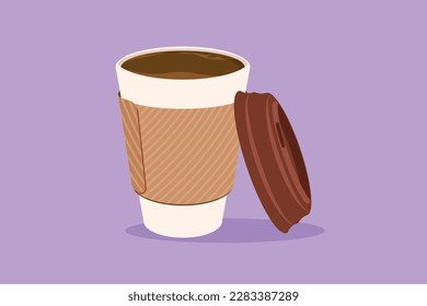 Graphic flat design drawing of coffee paper cup template with cardboard holder and plastic lid. Disposable takeout cafe package. Takeaway craft pack. For logo symbol. Cartoon style vector illustration