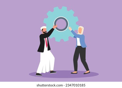 Graphic flat design drawing collaboration project. Arabian man and woman lifting gears. People working with cogs. Professional teamwork process cooperation concept. Cartoon style vector illustration