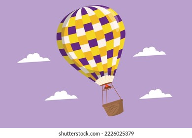 Graphic flat design drawing colorful hot air balloon with stripe pattern and passenger basket flying high into the sky. Vacation or adventure experience for family. Cartoon style vector illustration