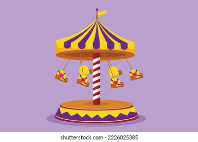 Graphic flat design drawing of colorful wave swinger in amusement park with flying chair and flag above it. Passengers swing around in sky. Happy holiday with family. Cartoon style vector illustration