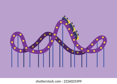 Diseño plano gráfico dibujando colorida montaña rusa en parque de atracciones con pista alta en el cielo. El pasajero gritó mientras se movía a alta velocidad. Viajes extremos populares. Ilustración vectorial de estilo de dibujos animados