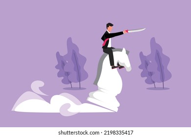 Diseño plano gráfico que atrae a un empresario competitivo que monta un gran caballero de ajedrez con espada. Idea, estrategia de negocio, competencia ganadora, concepto de objetivo de logro. Ilustración vectorial de estilo de dibujos animados