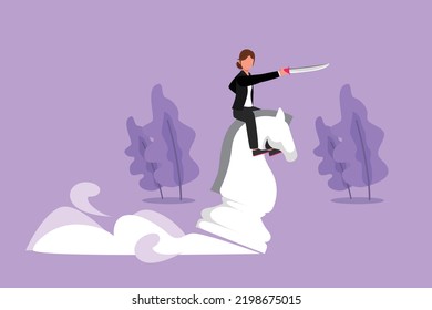 Dibujo plano gráfico de una empresaria competitiva montando caballo de ajedrez con espada. Idea, estrategia de negocio, competencia ganadora, concepto de objetivo de logro. Ilustración vectorial de estilo de dibujos animados