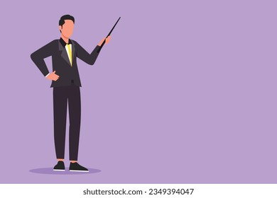 Graphic flat design drawing of confident male teacher, mentor, trainer, businessman, manager, employee, indicating pointing with stick in hand in front of classroom. Cartoon style vector illustration