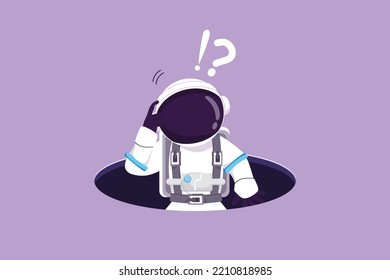 Graphic flat design drawing of confused young astronaut emerges from hole in moon surface. Depressed spaceman due to exploration failure. Cosmic galaxy space concept. Cartoon style vector illustration