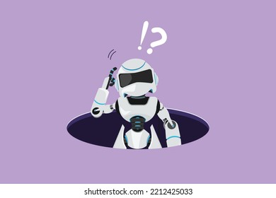 Graphic flat design drawing confused robot emerges from hole. Depressed and business failure. Future technology development. Artificial intelligence machine learning. Cartoon style vector illustration