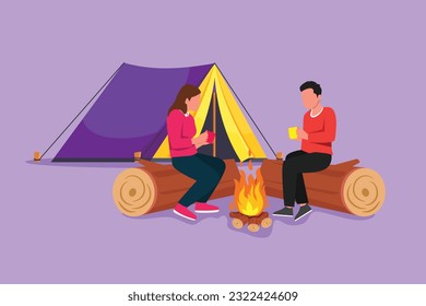 Graphic flat design drawing couple near bonfire, romantic date out of town, camping. Man and woman getting warm near campfire, drinking tea sitting on logs in forest. Cartoon style vector illustration