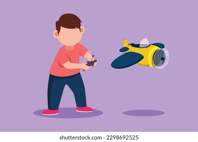 Graphic flat design drawing cuie little boy playing with radio control airplane. Smiling kid controlled flying RC aeroplane. Happy childhood, hobby, pastime concept. Cartoon style vector illustration