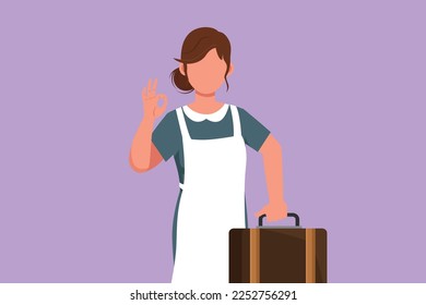 Graphic flat design drawing cute maid in hotel holding suitcase with okay gesture. Work deftly to clean and prepare sheet bed in hotel room with professional manner. Cartoon style vector illustration