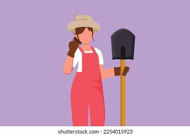Graphic flat design drawing cute female farmer holding shovel with celebrate gesture and wear straw hat working on farm at harvest time. Countryside or rural living. Cartoon style vector illustration